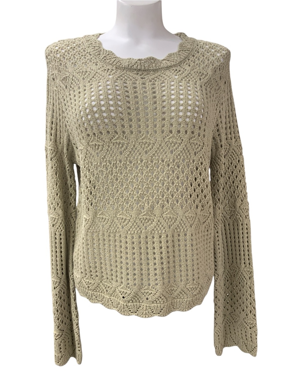 Eclipse Open-Knit Crewneck Sweater in Light Olive Size M